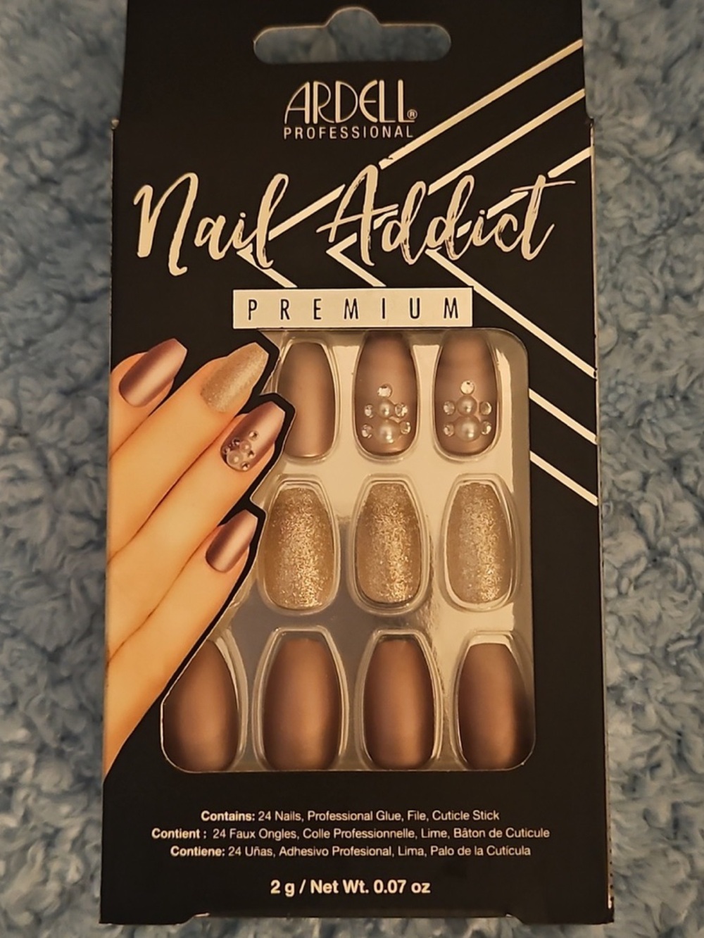 Ardell Nail Addict Premium Press-On Nails — Matte Taupe with Gold Glitter & Gems